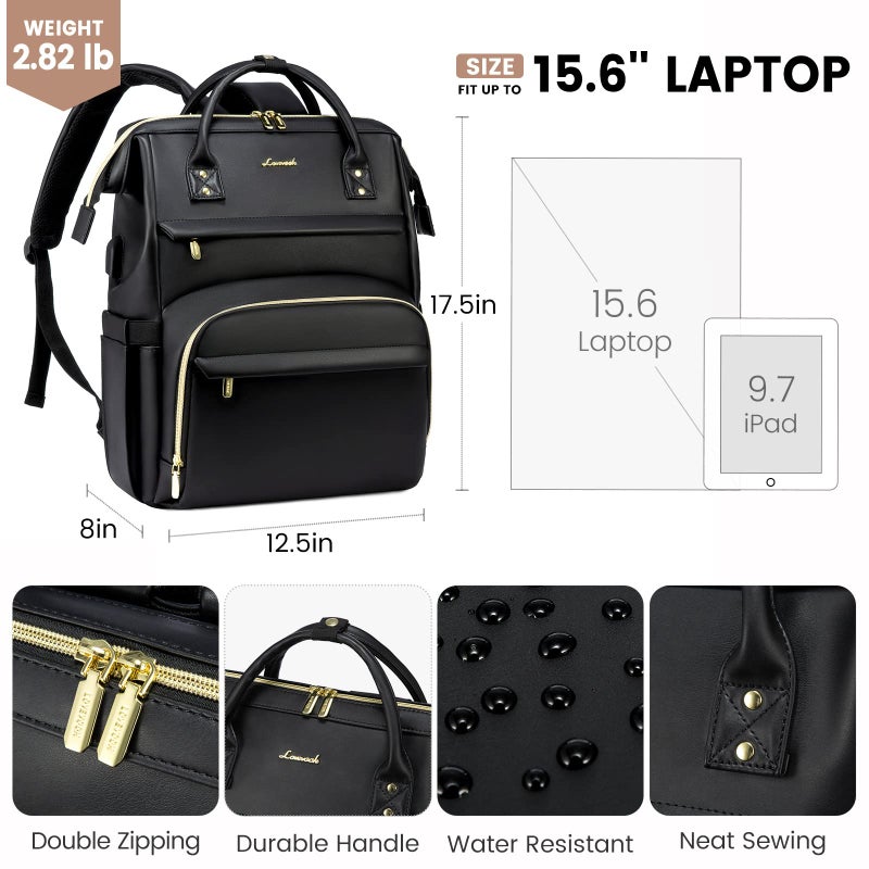 LOVEVOOK Leather Laptop Backpack for Women 17 inch Travel Backpack Purse Nurse Teacher Backpack Computer Laptop Bag Professional College Business Work Bags Carry On Backpack with USB Port Black - Image 5